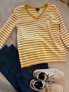 Talbots Yellow & White Striped V-Neck Petite Sweater, Cotton, SP